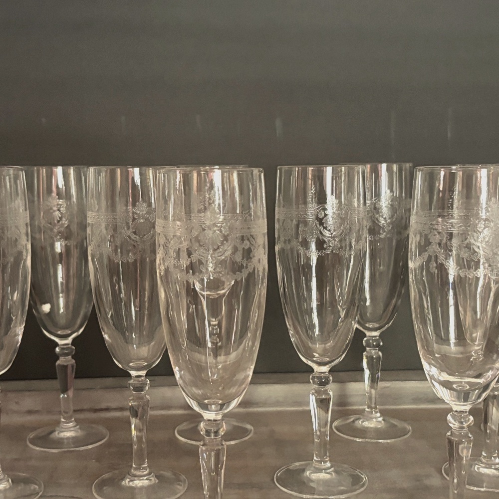Vintage Cristal D’Arque etched champagne flutes